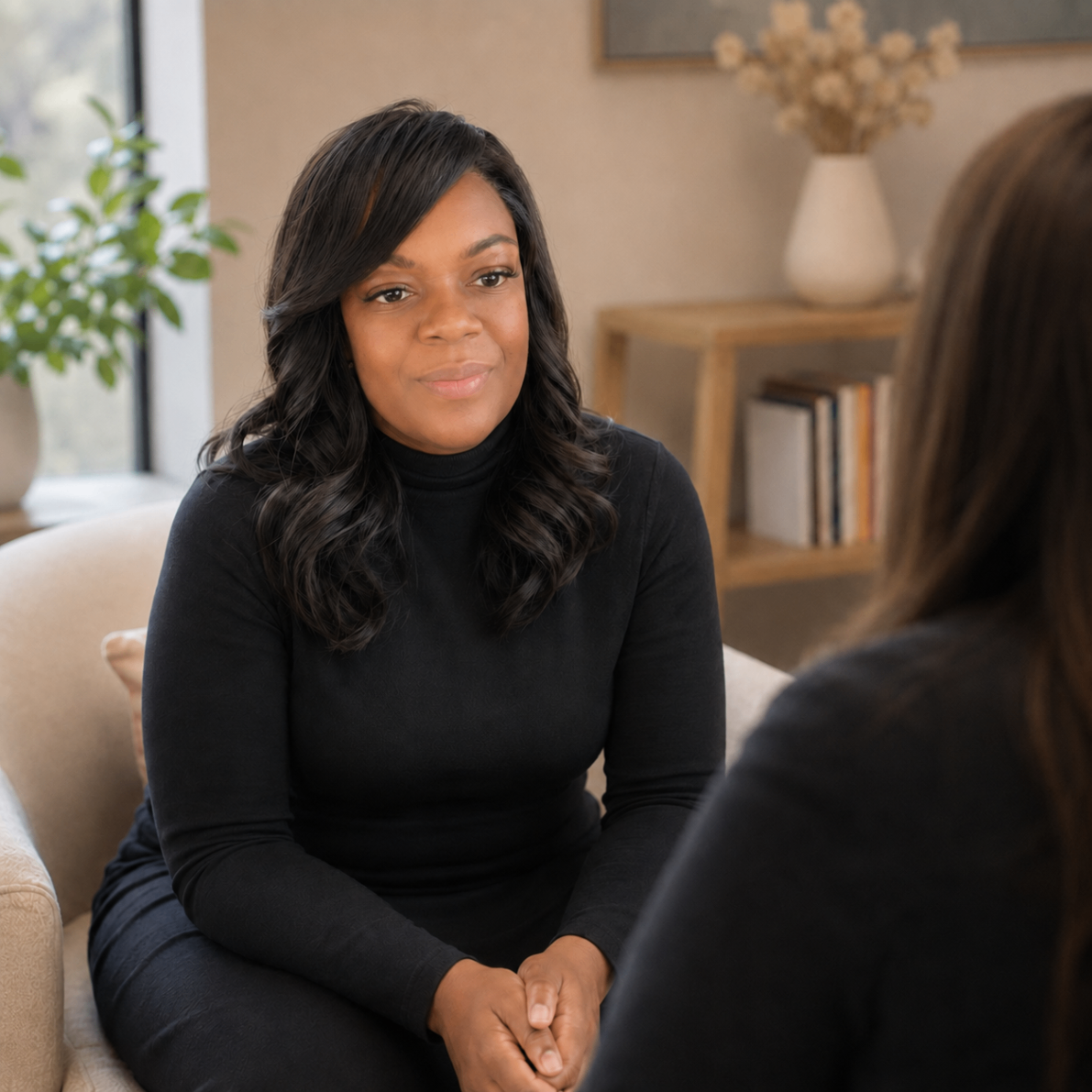 Sharleen in a one-to-one conversation with a parent