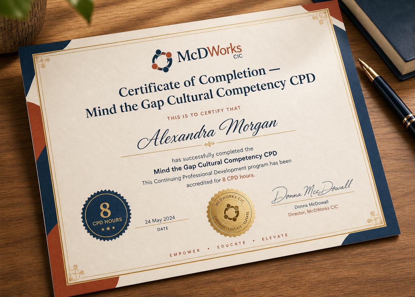 Mind the Gap CPD certificate of completion — 8 CPD hours, McDWorks CIC